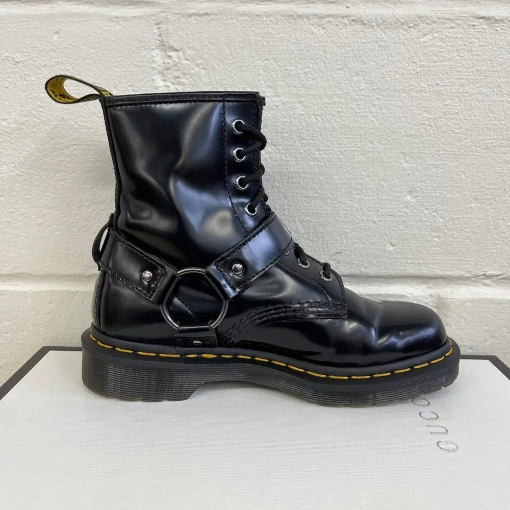 Dr. Martens 1460 Harness‎ Patent Black Leather Boots Men's Size 5/Womens US 6